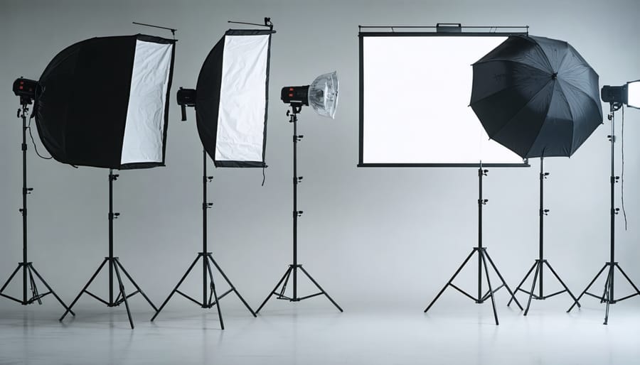 Professional photography studio lighting equipment setup with various modifiers