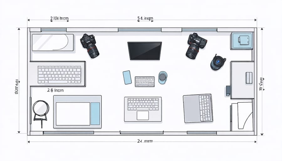 Diagram showing recommended space layout for a beginner photography studio with measurements