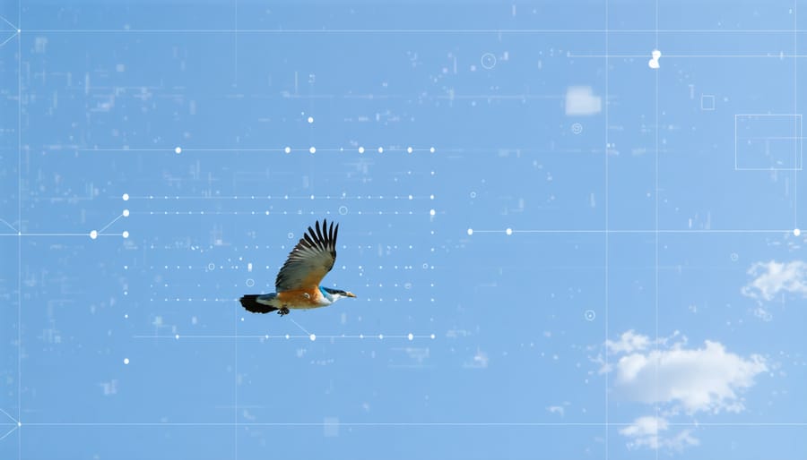 Camera LCD screen displaying subject recognition tracking a flying bird with multiple AF points activated
