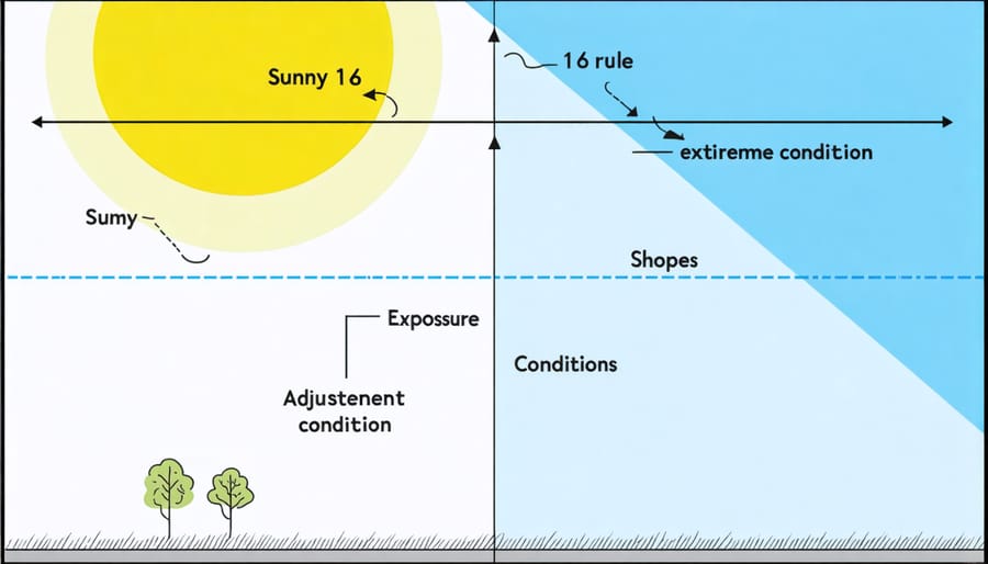Infographic showing exposure settings based on the Sunny 16 rule with modifications for extreme lighting conditions
