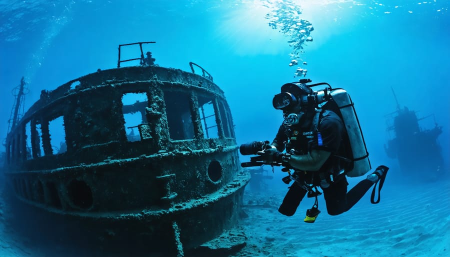 Scuba diver photographing the historic World War II shipwreck with light beams penetrating water