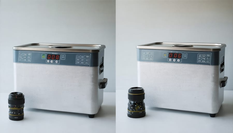 Demonstration of home ultrasonic cleaner setup for lens cleaning