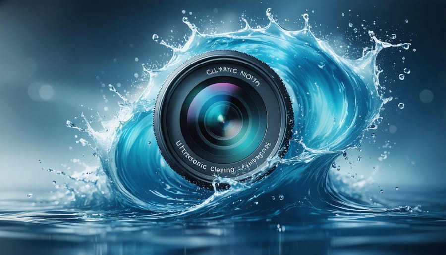 Illustration of a camera lens surrounded by ultrasonic waves and sparkling effects, symbolizing the precision and effectiveness of ultrasonic cleaning technology.