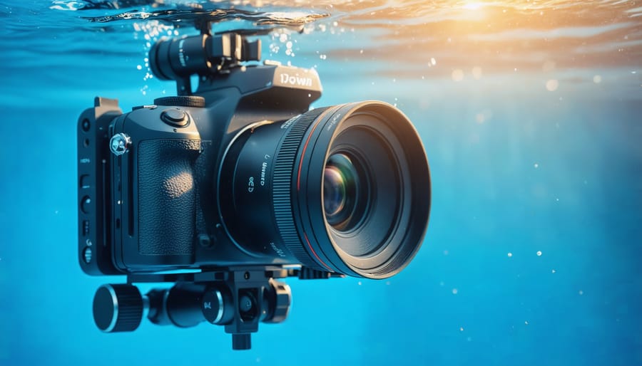 Professional DSLR camera in underwater housing with dual strobe lights mounted