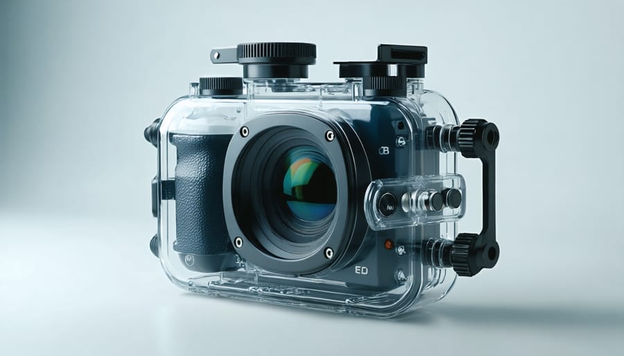 Transparent underwater camera housing showing waterproof seals and control mechanisms
