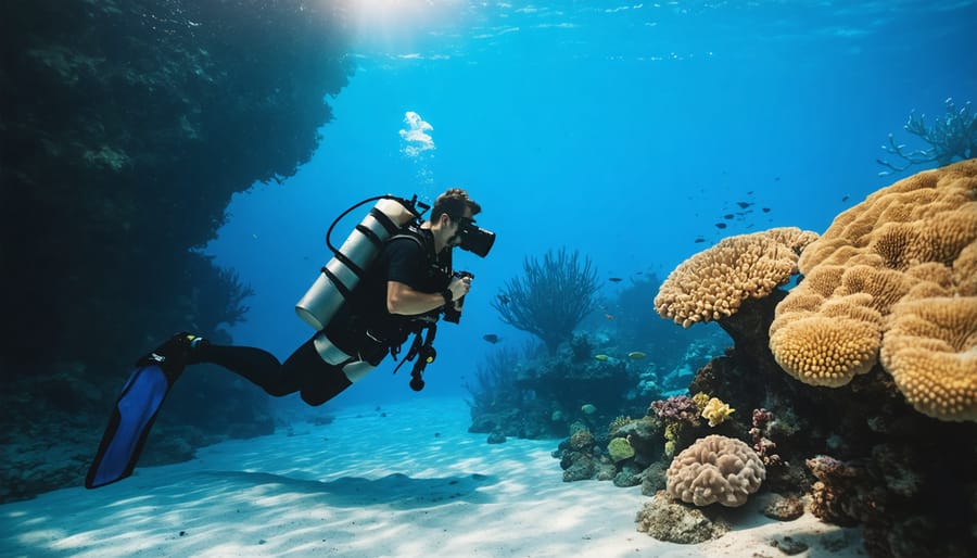 Scuba diver photographer demonstrating proper strobe positioning while photographing coral reef