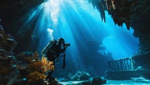 A breathtaking underwater scene featuring vibrant coral gardens, an ancient shipwreck, and mysterious caves illuminated by ethereal light beams, with a diver capturing this stunning marine environment with a camera.