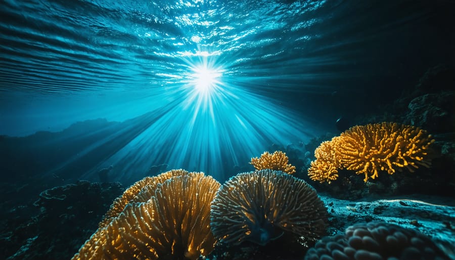 Diver using dual strobe lights to photograph marine life on a coral reef