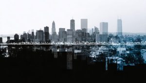 Conceptual blend of city skyline evolving over time, interwoven with changing natural landscapes to illustrate stories of urban and environmental transformation.
