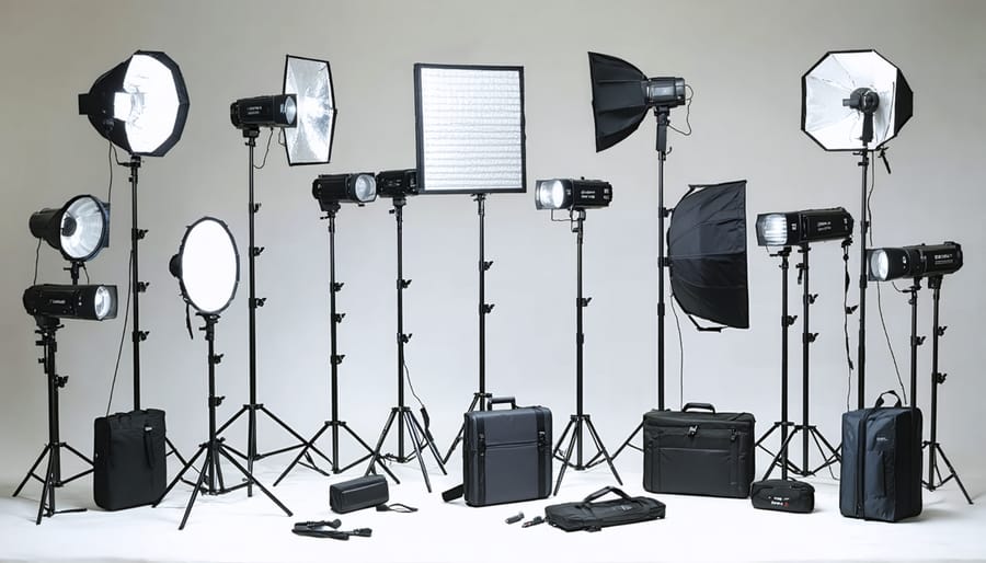 A professional studio showcasing an array of product photography lighting equipment, including LED panels, strobes, speedlights, and light modifiers like softboxes and reflectors, illustrating the transformation of any space into a quality imaging environment.