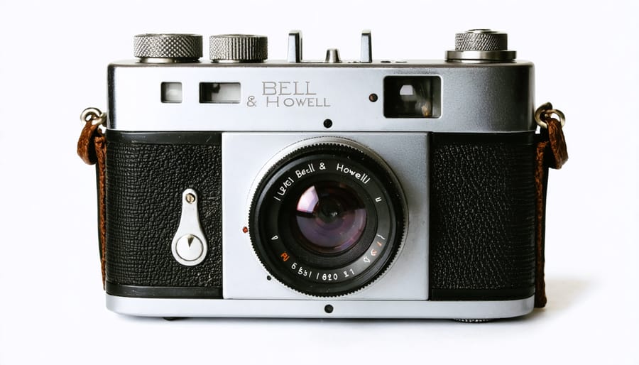 Vintage Bell & Howell 8mm camera displayed with its brown leather carrying case
