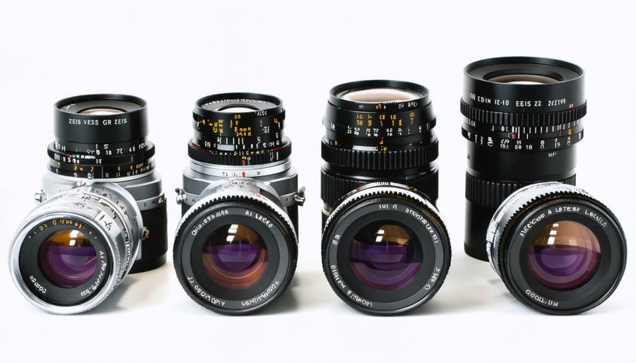 Vintage German-made manual focus camera lenses from Leica and Zeiss