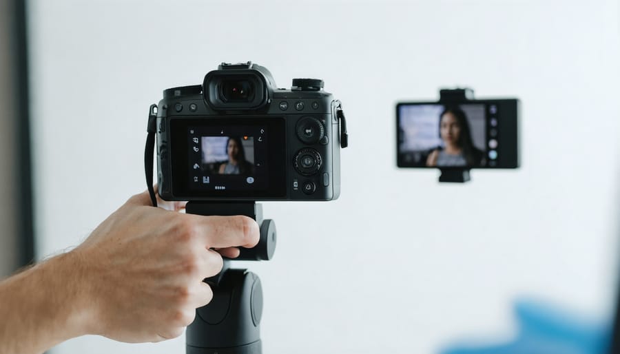 Vlogger demonstrating gesture control features of an AI-powered gimbal