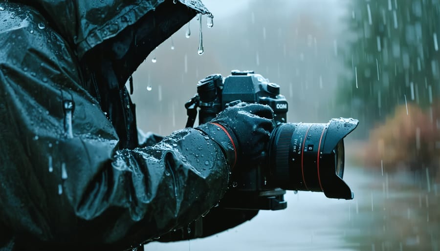 Professional photographer protecting camera gear with weatherproof covers during rainfall
