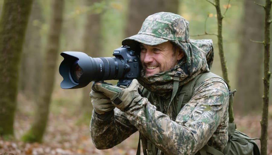Wildlife photographer in camouflage gear using a professional camera with telephoto lens from a concealed position