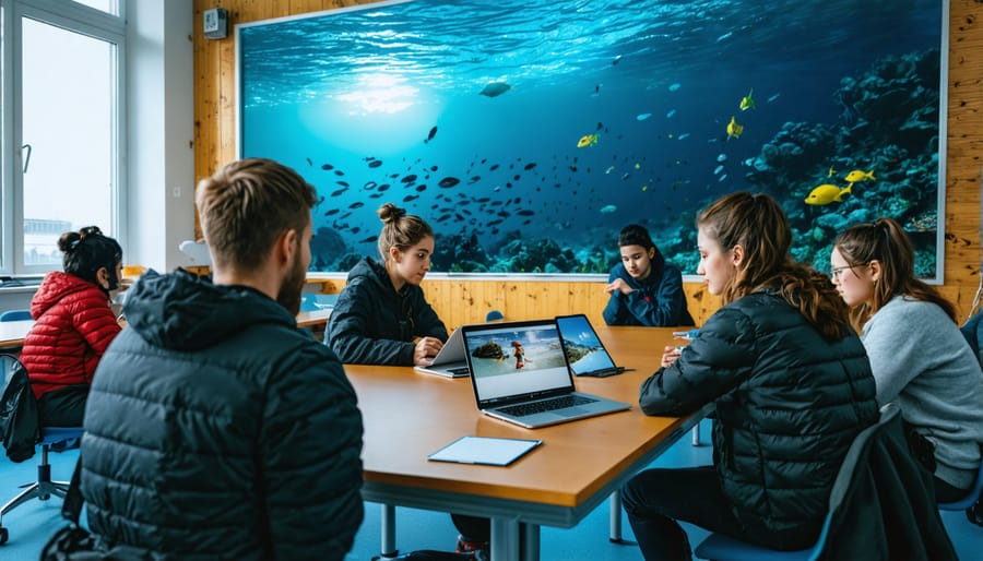 Group of photographers analyzing underwater images during workshop review session