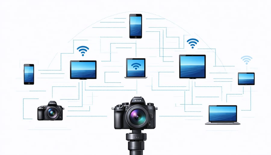 Infographic showing camera connecting to multiple devices via 5G network