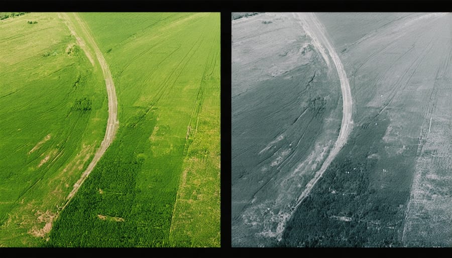 Comparison of aerial photography exposure settings showing underexposed, correct, and overexposed shots