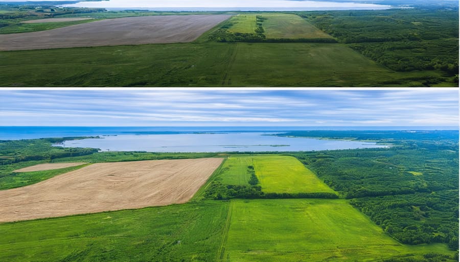 Comparison of raw and edited drone photographs showing color correction and perspective adjustments