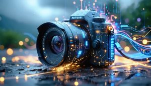Futuristic camera with AI elements and light trails representing artificial intelligence integration with cutting-edge camera technology, set against a background of a cloudy sky and digital data streams.