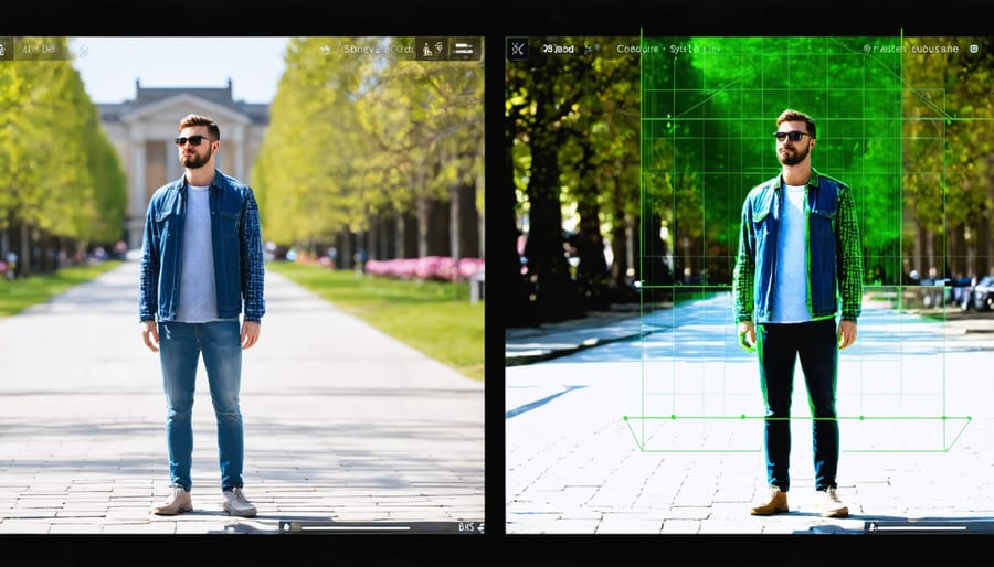 Side-by-side comparison demonstrating AI camera subject recognition and tracking with visual overlays