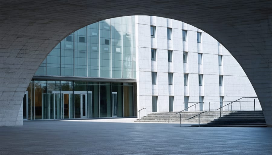 Modern building framed by stone archway showing natural framing technique
