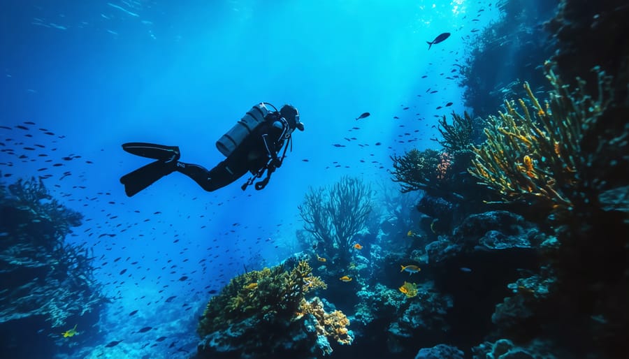 Diver immersed in a vibrant underwater world, with sunlight illuminating colorful coral reefs and marine life, capturing the beauty and depth of the ocean ecosystem.