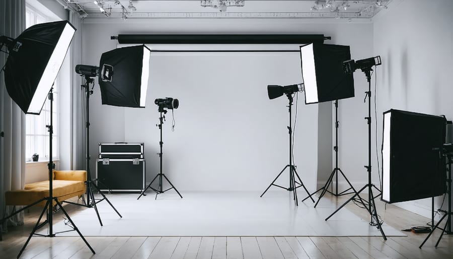 A transformed room showcasing a professional photography studio setup with organized lighting equipment, backdrops, and camera gear, illustrating distinct functional zones.