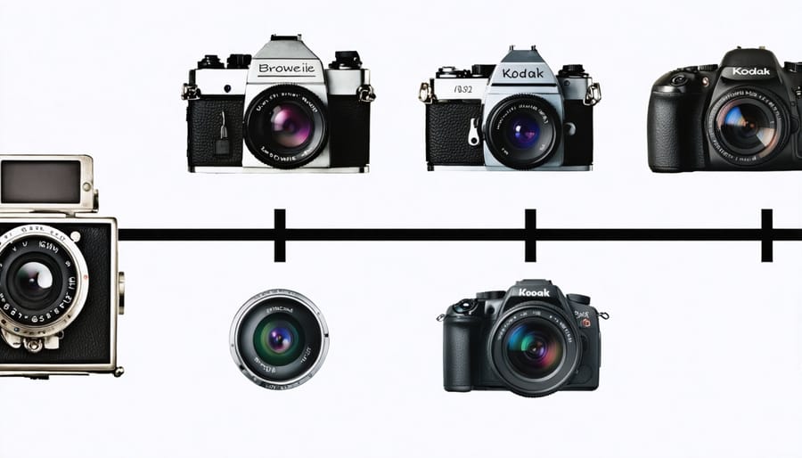 An illustrated timeline depicting the evolution of cameras from a vintage daguerreotype to a modern smartphone, highlighting key innovations like the Kodak Brownie, SLR cameras, digital cameras, and computational photography along the way.