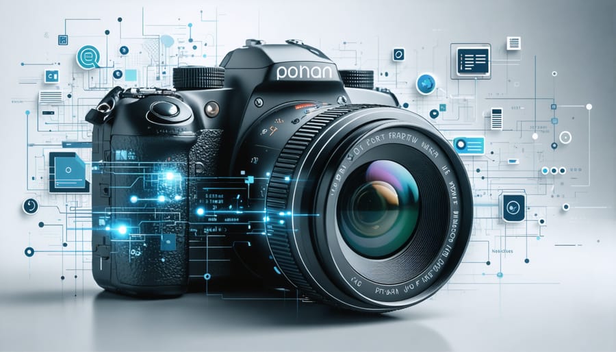A conceptual illustration depicting a camera seamlessly integrated with digital software elements, representing the intersection of photography and programming.