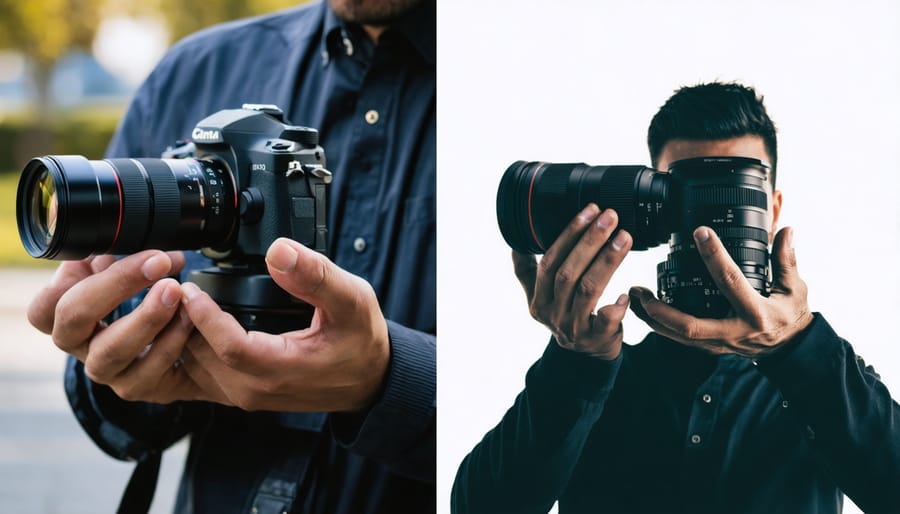 A professional photographer and cinematographer hold a photo lens and a cine lens side by side, showcasing the differences in size, build, and features between the two lens types.