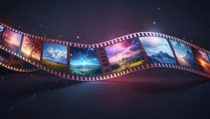 An artistic representation of a film reel unwinding into a vibrant digital landscape, featuring color wheels, sound waves, and elements from popular video editing software interfaces, symbolizing the enhancement of raw footage into cinematic videos.