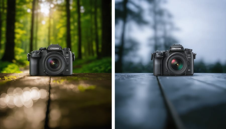 Comparison showing cinematic vs standard lens characteristics on Sony A7III