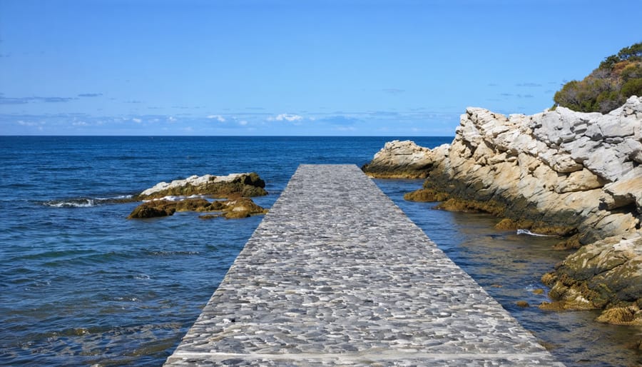 Long exposure seascape with rocky coastline creating leading lines toward dramatic sunset