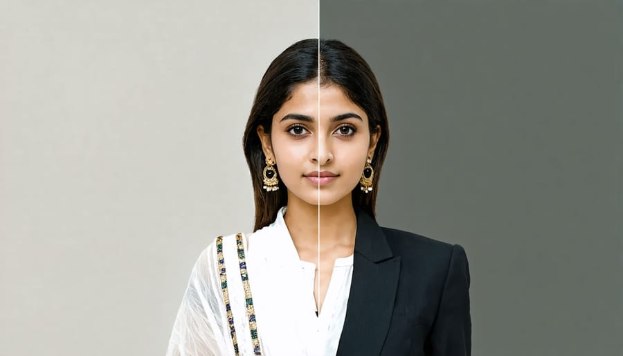 Split portrait showing cultural fusion through clothing - half sari, half business suit