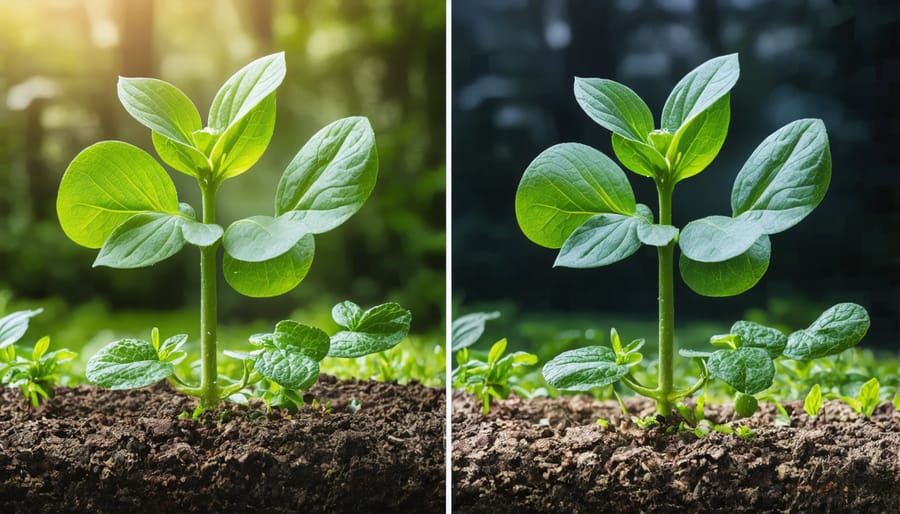 Before and after comparison of plant photography lighting conditions between day and night
