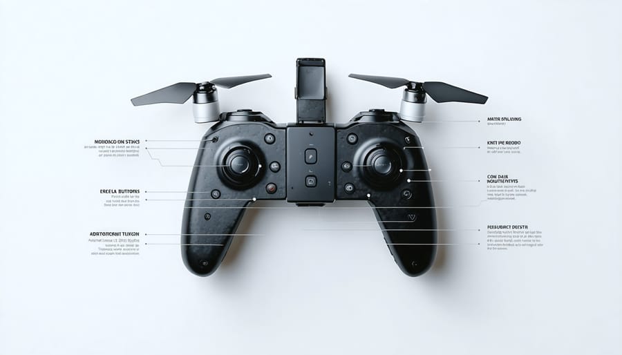 Drone remote controller with highlighted throttle, yaw, pitch, and roll controls