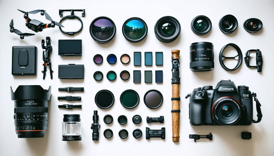 Display of ND filters, polarizers, and lens accessories for drone photography