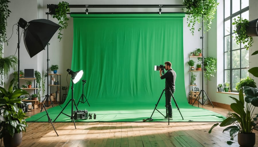 Professional photography studio setup showcasing a sustainable bamboo fabric green screen, energy-efficient LED lights, and recycled equipment like microphone stands and curtain rods.