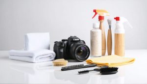Professional camera lens surrounded by essential cleaning tools like a blower, brush, microfiber cloths, and cleaning solution, emphasizing careful maintenance.