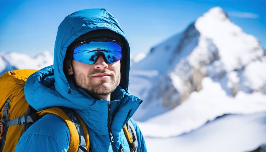 Dramatic portrait of ice climber against snowy mountain backdrop with visible wind and snow