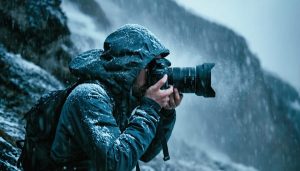 Photographer capturing a dynamic portrait of a mountaineer battling snowy and windy conditions on a mountain, illustrating the strength and resilience of the human spirit in the face of nature's raw power.
