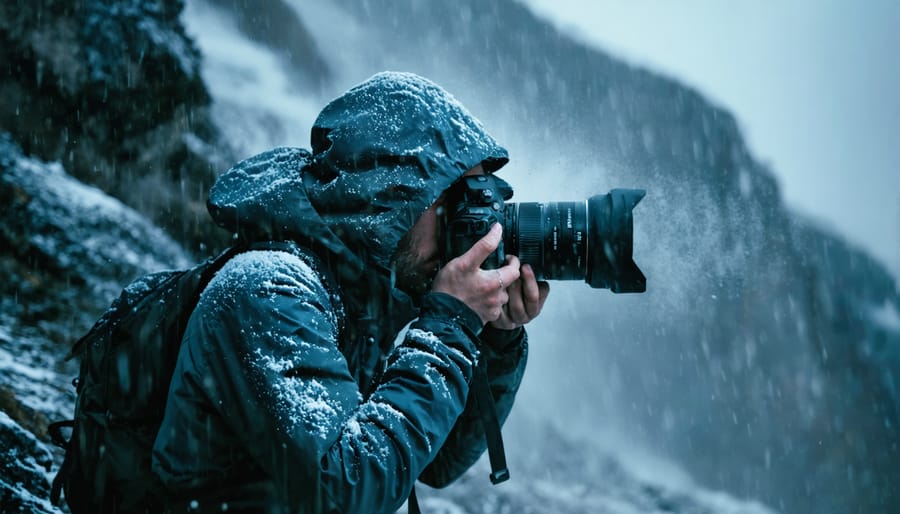Photographer capturing a dynamic portrait of a mountaineer battling snowy and windy conditions on a mountain, illustrating the strength and resilience of the human spirit in the face of nature's raw power.