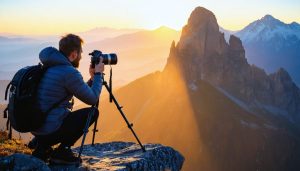 A landscape photographer setting up a camera on a tripod at the edge of a cliff, capturing a breathtaking sunrise over a mountain range with golden light illuminating the scene.