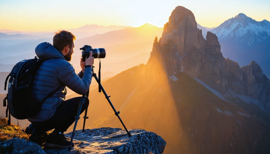 A landscape photographer setting up a camera on a tripod at the edge of a cliff, capturing a breathtaking sunrise over a mountain range with golden light illuminating the scene.