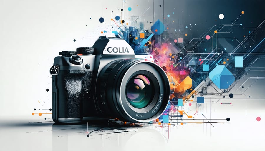 An illustration depicting the fusion of classic photography tools with digital AI elements, symbolizing the integration of AI in modern photo editing, merging traditional methods with advanced technology.