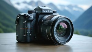 Conceptual illustration of a digital camera integrated with GPS navigation, displaying digital mapping overlays with coordinates and elevation lines.
