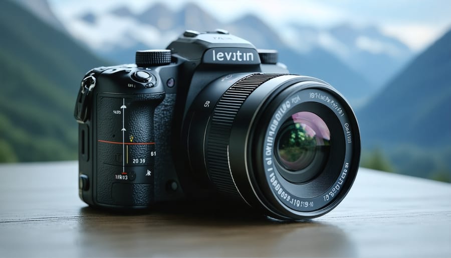Conceptual illustration of a digital camera integrated with GPS navigation, displaying digital mapping overlays with coordinates and elevation lines.