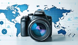 A digital camera with a world map visible through its lens, surrounded by GPS signals and location pins, symbolizing GPS-enabled photography's global and precise location-tracking capabilities.