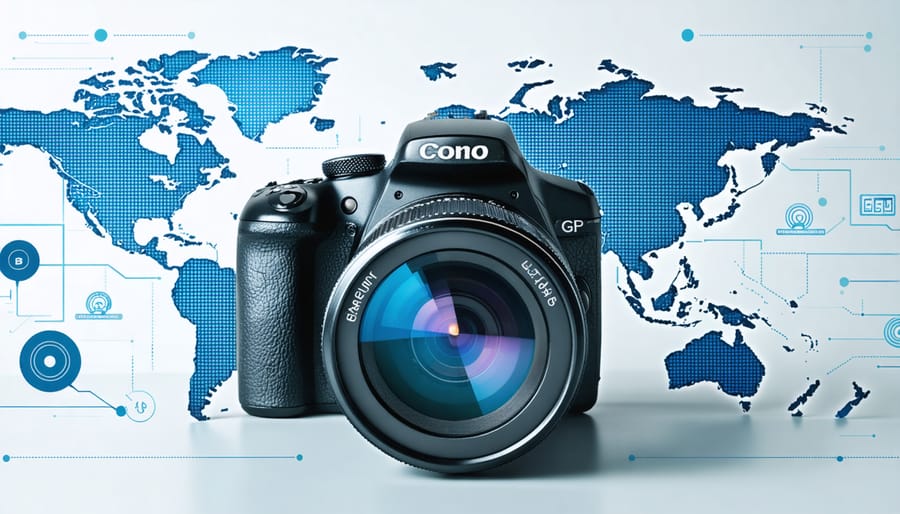 A digital camera with a world map visible through its lens, surrounded by GPS signals and location pins, symbolizing GPS-enabled photography's global and precise location-tracking capabilities.